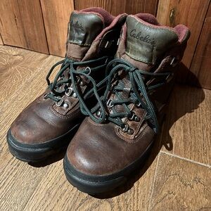 Cabela's Dark Brown Leather work Boots with Green Accents